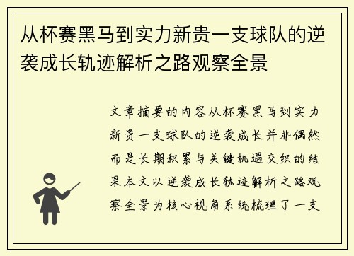 从杯赛黑马到实力新贵一支球队的逆袭成长轨迹解析之路观察全景
