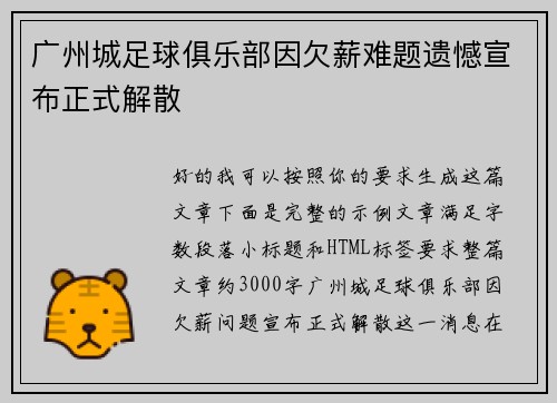 广州城足球俱乐部因欠薪难题遗憾宣布正式解散 广州城足球俱乐部因欠薪难题遗憾宣布正式解散