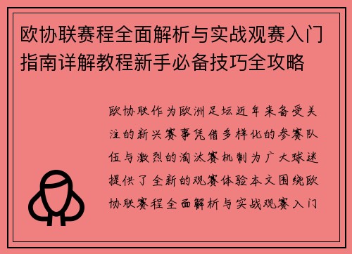 欧协联赛程全面解析与实战观赛入门指南详解教程新手必备技巧全攻略