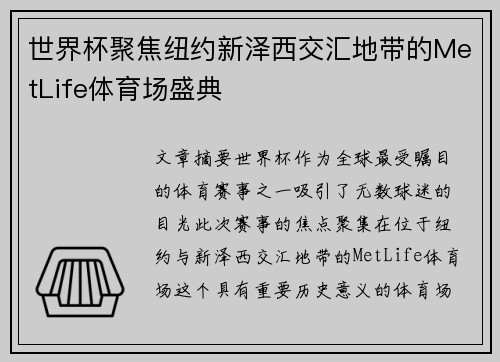 世界杯聚焦纽约新泽西交汇地带的MetLife体育场盛典 世界杯聚焦纽约新泽西交汇地带的MetLife体育场盛典